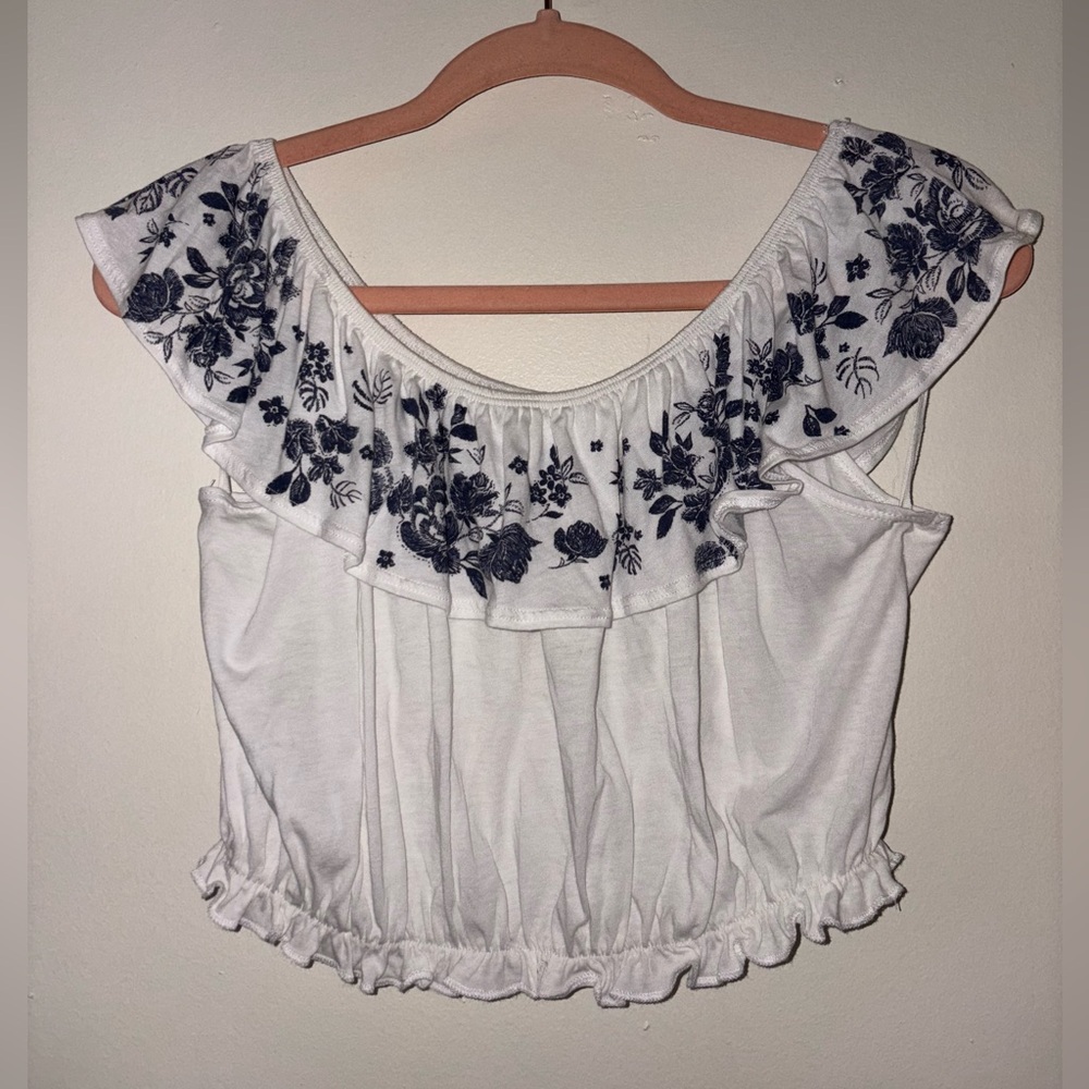 Garage White Blouse with Navy Floral Embroidery